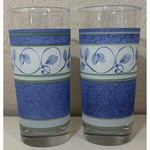 2 Vintage Pfaltzgraff Orleans Blue Green Vines 16 oz. Glass Tumblers